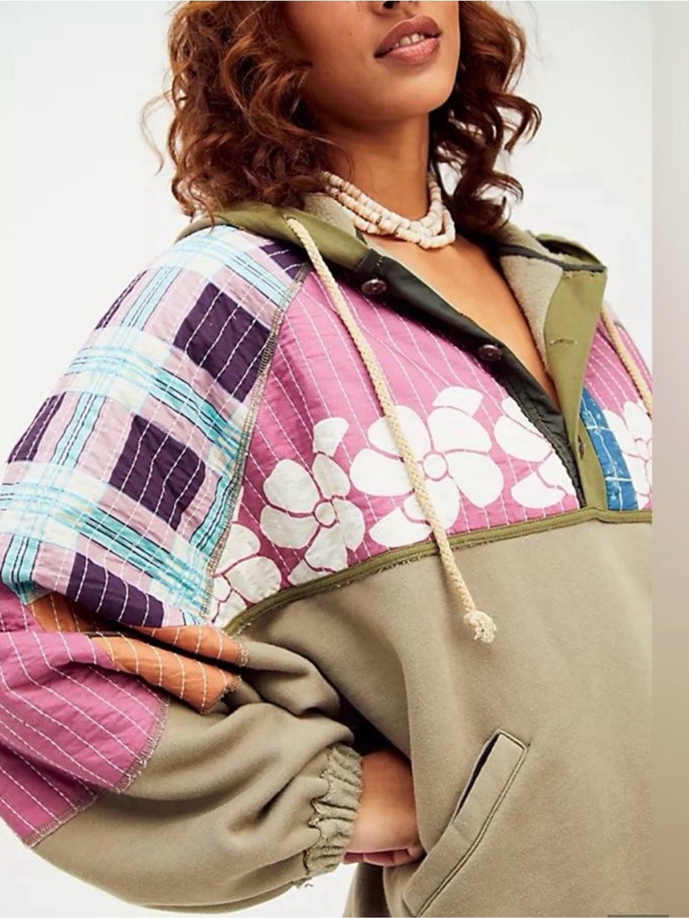 We The Free Patchwork Hoodie - Pink, Green, and Tan